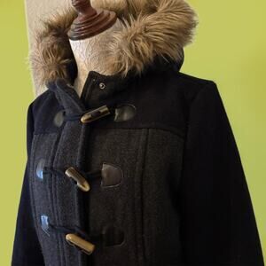 Wool Toggle Zip Knee Length Blanket Lined CoffeeShop LARGE Y2K Faux Fur Hood